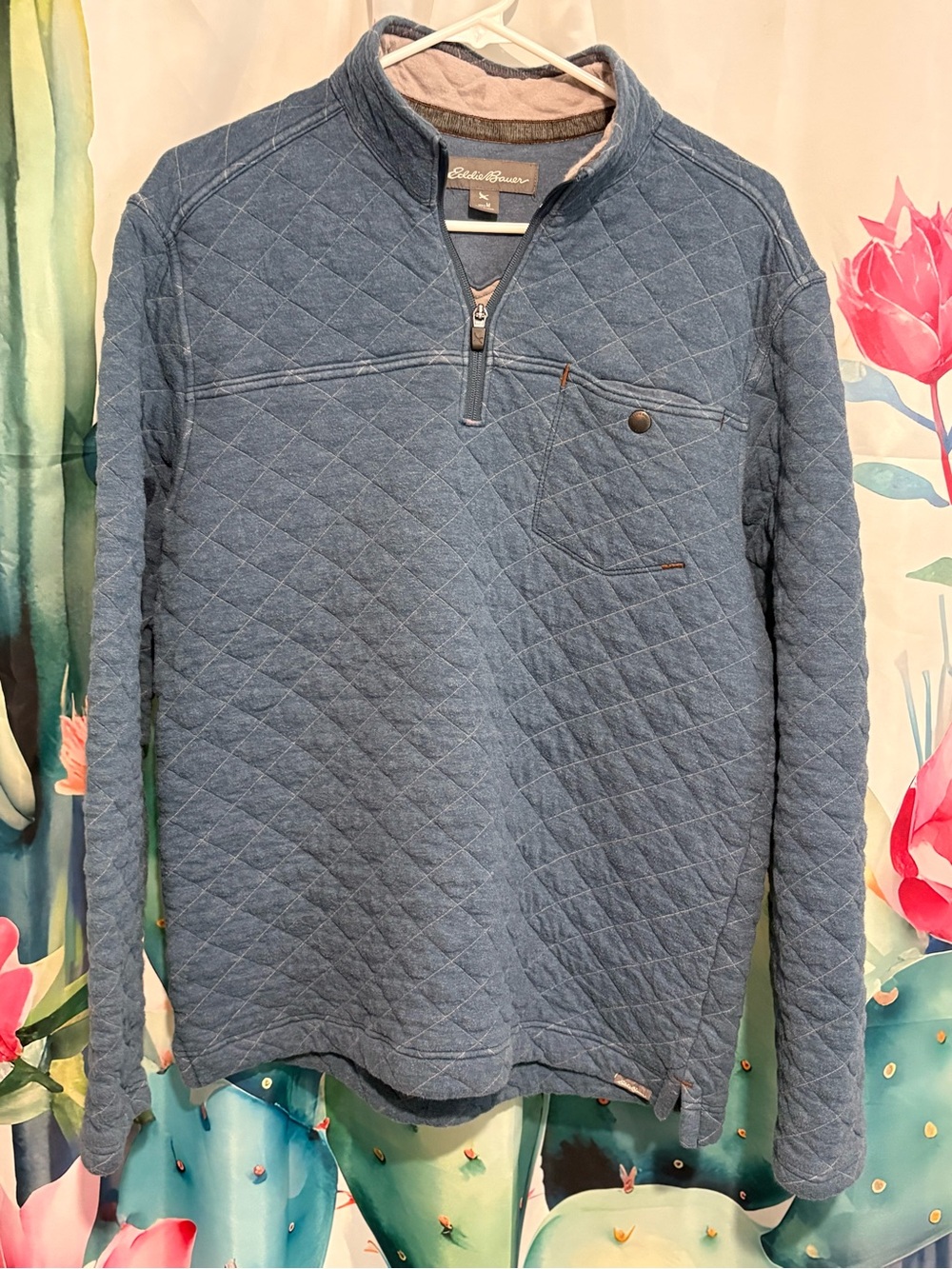 Eddie Bauer Men M Blue Quilted Fleece 1/4 Zip Mock Neck Pullover Sweatshirt